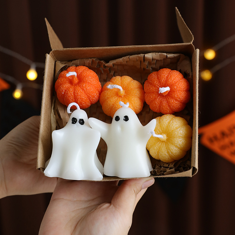 Silk Candle - ชุดเทียนฮาโลวีนในกล่องของขวัญ ลายผีและฟักทองน่ารัก สำหรับตกแต่งโต๊ะงานปาร์ตี้ฤดูใบไม้ร่วง และตกแต่งบ้าน